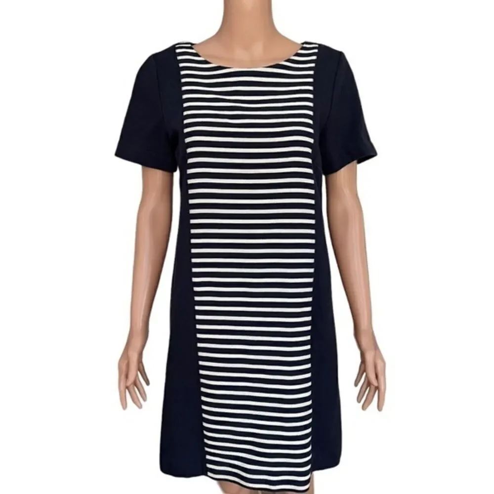 J. Crew Short Sleeve Navy Blue Stripe Panel Ponte Knit Shift Dress size 8 Cotton